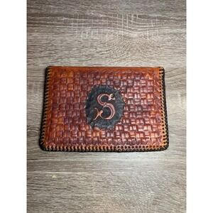 Leather Wallet or Planner Tooled Basketweave Monogram S Brown